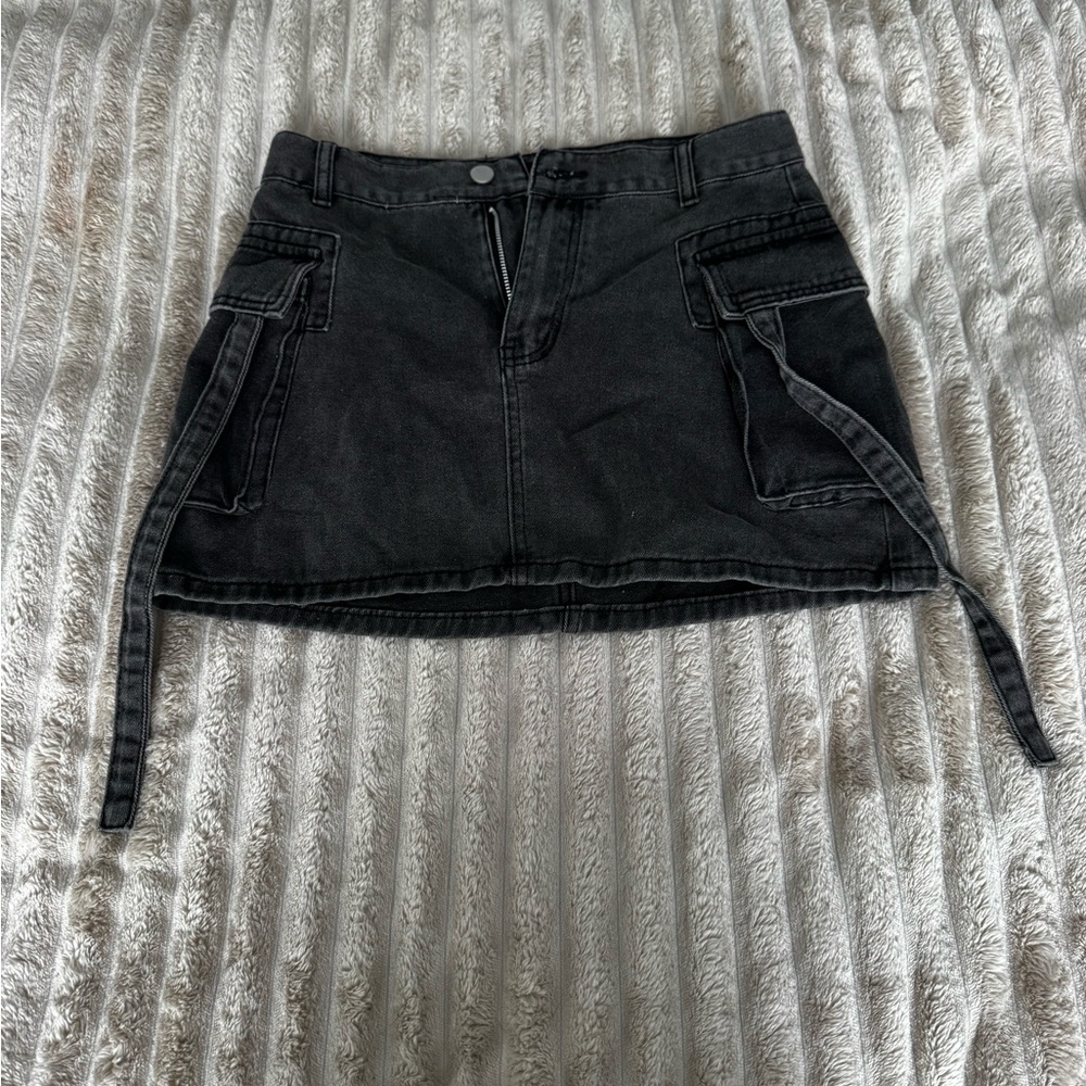 Black Cargo Denim Mini Skirt
